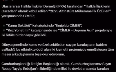 2025’te CİMER, 2 Altın Küre Mükemmellik Ödülü kazandı